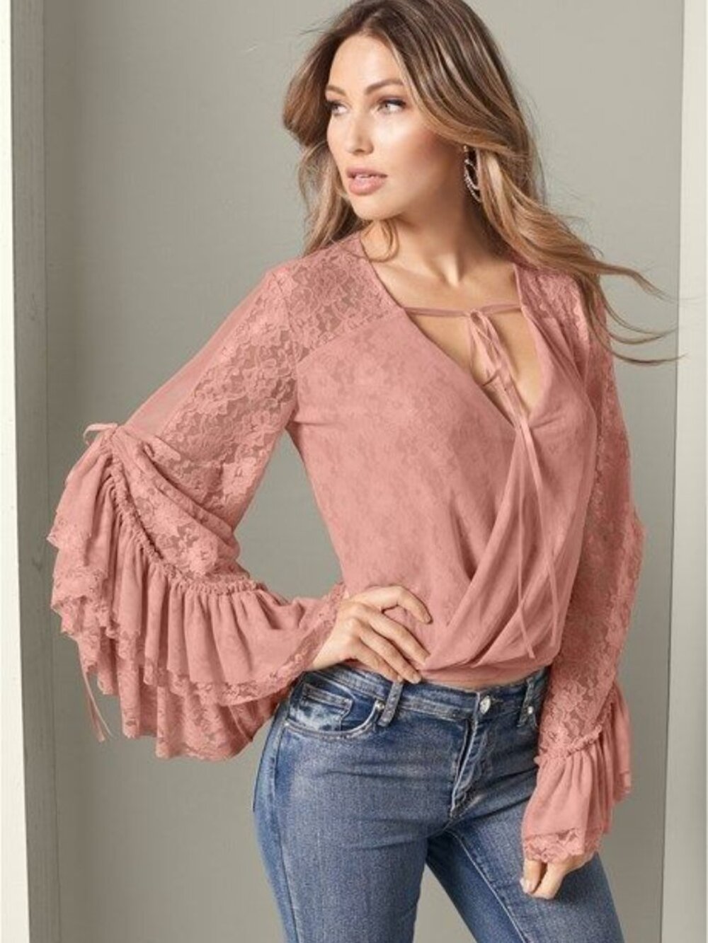 VENUS Dusty Rose Lace Layered Sleeve Top
